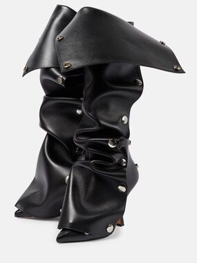 Y/Project Black Ruched Leather Studded Slouch Knee High Boot